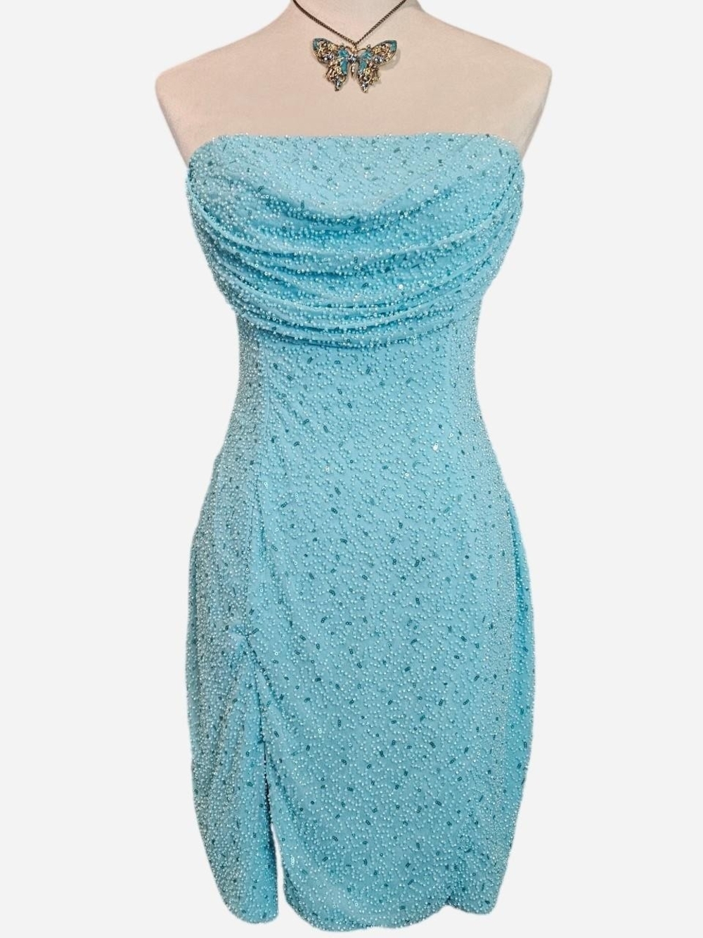 Oh Polly Aqua Full Bead Cowl Neck Strapless Bodycon Mini Dress 8 Fairycore Y2K